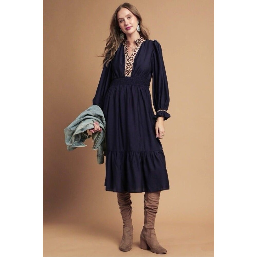 Umgee Sz Small Black Midi Dress Leopard Trim Smocked Waist Tiered Boho